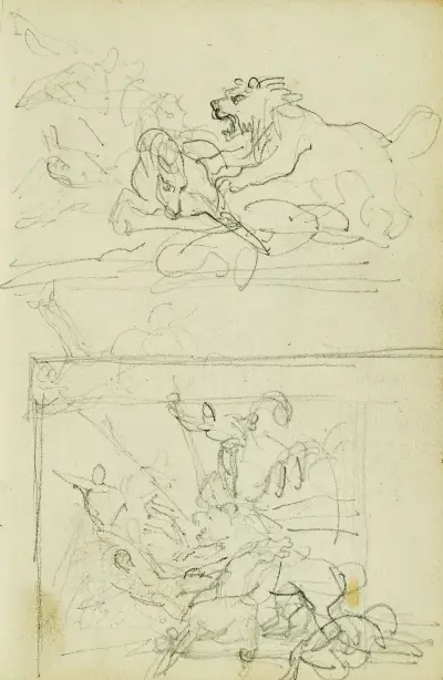 Två kompositionsstudier av en lejonjakt av Théodore Géricault
