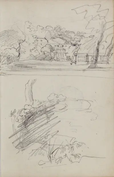 Vy av ett lantställe och studier av buskar och lövverk av Théodore Géricault