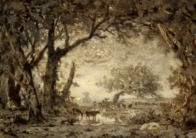 Solnedgång från Fontainebleauskogen av Théodore Rousseau