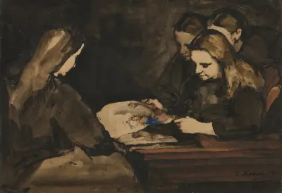 Four Girls Studying a Drawing av Théodule Ribot