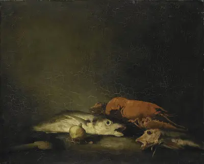 Stilleben med fisk och en hummer av Théodule Ribot