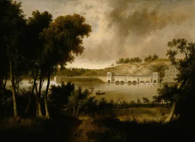 View of the Fairmount Waterworks, Philadelphia, from the Opposite Side of the Schuylkill River av Thomas Doughty