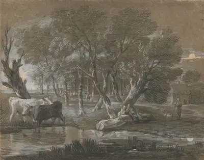 A Moonlit Landscape with Cattle by a Pool av Thomas Gainsborough