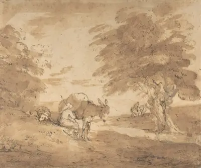 A Rest by the Way (Open Landscape with Figures, Donkey and Horses) av Thomas Gainsborough