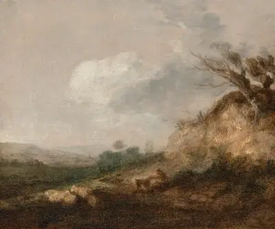 A shepherd and his dog in a landscape, his flock resting by a dune in the foreground av Thomas Gainsborough