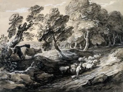 A Shepherd Driving a Flock of Sheep through a Wood av Thomas Gainsborough