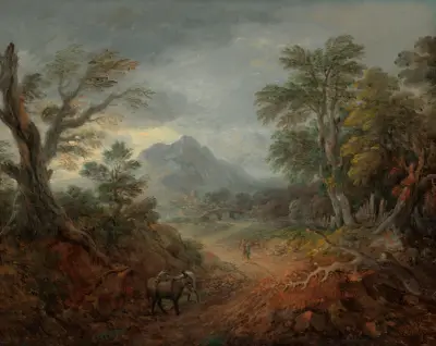 A wooded landscape with donkeys and figures on a path av Thomas Gainsborough