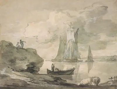 Coastal Scene with Shipping, Figures, and Cows av Thomas Gainsborough