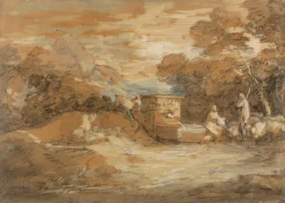 Mountain Landscape with Figures, Sheep and Fountain av Thomas Gainsborough