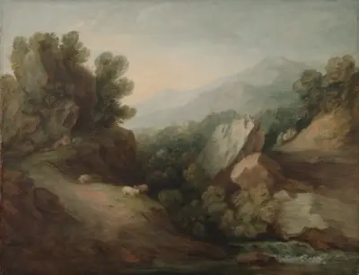 Rocky, Wooded Landscape with a Dell and Weir av Thomas Gainsborough