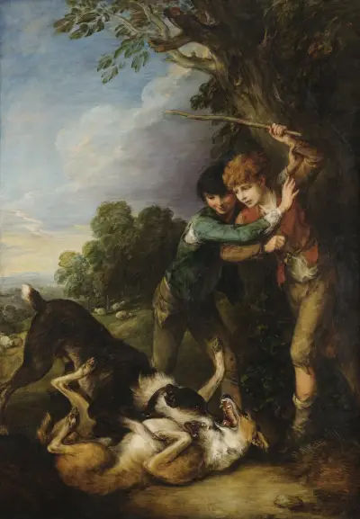 Two shepherd boys with dogs fighting av Thomas Gainsborough