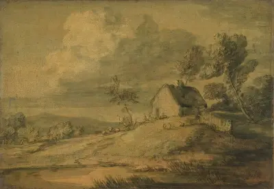 Wooded Landscape with Cottage, Cows and Sheep av Thomas Gainsborough