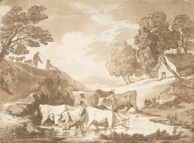 Wooded Landscape with Cows at a Watering Place, Figures and Cottage av Thomas Gainsborough