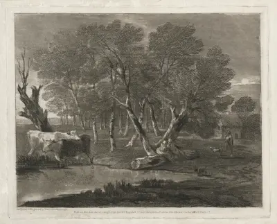 Wooded Landscape with Cows beside a Pool, Figures and Cottage av Thomas Gainsborough