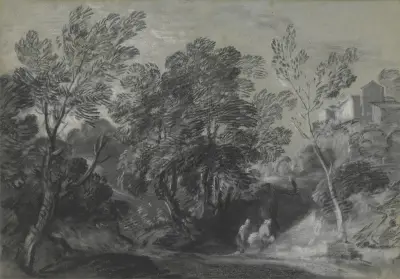 Wooded Landscape with Figures and Houses on the Hill av Thomas Gainsborough