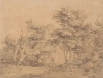 Wooded Landscape with Figures, Donkeys and Cottage av Thomas Gainsborough