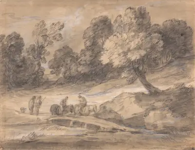 Wooded Landscape with Figures on Horseback Crossing a Bridge av Thomas Gainsborough