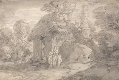 Bewaldete Landschaft mit Figuren vor einer Hüttentür von Thomas Gainsborough