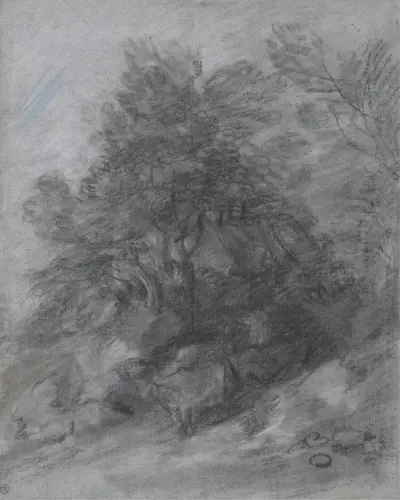 Wooded Landscape with Herdsman, Cows and Cottage av Thomas Gainsborough