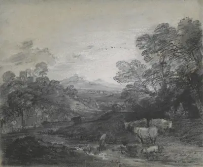 Wooded Landscape with Herdsmen and Cattle, Buildings on a Hill, and Rustic Lovers av Thomas Gainsborough
