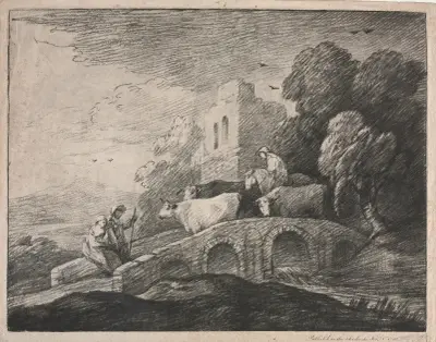 Wooded Landscape with Herdsmen Driving Cattle av Thomas Gainsborough