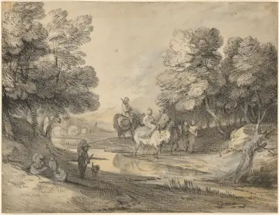 Wooded Landscape with Horseman, Figures, and Bridge av Thomas Gainsborough
