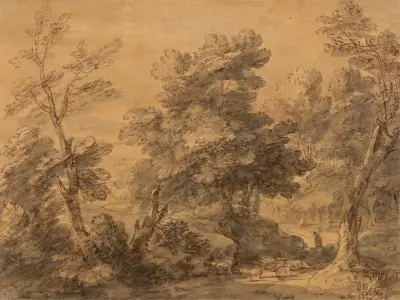 Wooded Landscape with Shepherd and Sheep av Thomas Gainsborough