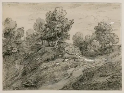 Wooded upland landscape with shepherd and sheep and country track winding around a knoll av Thomas Gainsborough