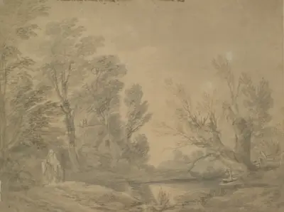 Woody landscape with horseman near a pond by a cottage av Thomas Gainsborough