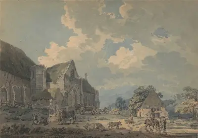 The Tithe Barn at Abbotsbury with the Abbey on the hill…, Thomas Girtin