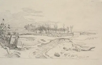 Vinterlandskap med en väg som slingrar sig över fälten genom en öppning i en stengärdsgård av Johan Thomas Lundbye