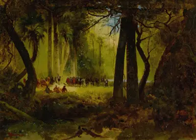 Reception of Dominique de Gourgues by the Indians av Thomas Moran