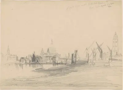 St. Paul's från Waterloo Bridge, lågvatten av Thomas Moran
