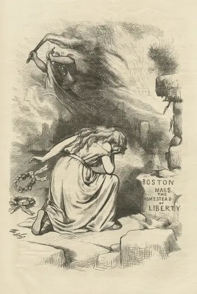 Columbia lays aside her laurels to mourn at the burning of her birthplace av Thomas Nast