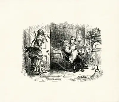 Father seated in rocking chair, infant on his lap, mother enters doorway holding cigarette and parasol av Thomas Nast