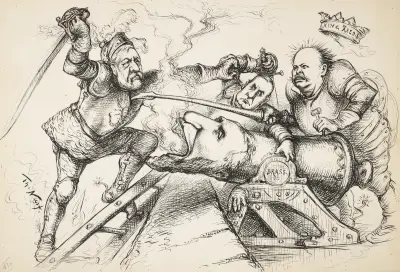 Knight Scorpio Blaine scaling the Reed and Mckinley Chinese Wall av Thomas Nast