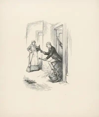 Pigan ser mannen snubbla över hinken av Thomas Nast