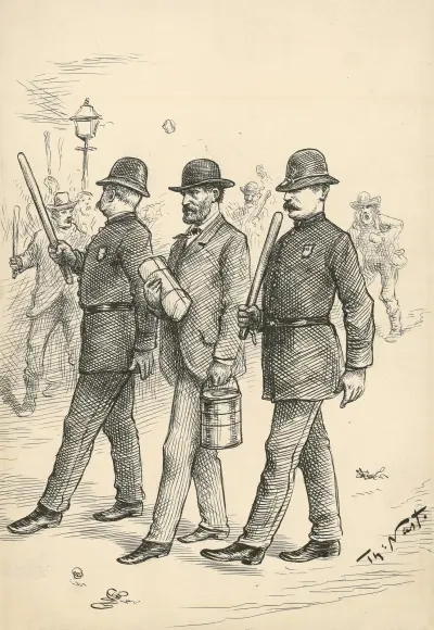 On this the triumph of our Republican form of government, must the honest laborer, satisfied with his employer, his wages . . . av Thomas Nast