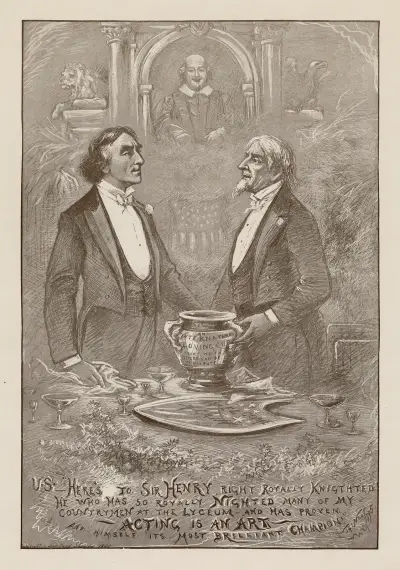U.S., here’s to Sir Henry Irving, right royally knighted av Thomas Nast