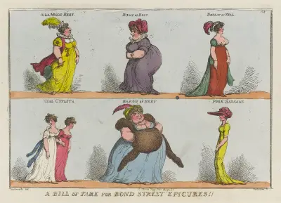 A bill of fare for Bond Street epicures!! A La Mode Beef. Rump of Beef. Breast of Veal. Veal Cutlets. Baron of Beef. Pork Sausage av Thomas Rowlandson