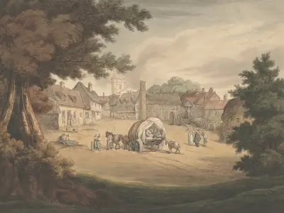 En landsbygd med kärra och många figurer i förgrunden av Thomas Rowlandson