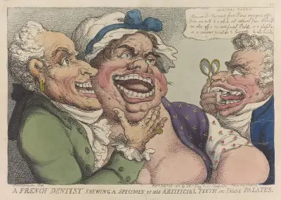 A French dentist showing a specimen of his artificial teeth and false palates av Thomas Rowlandson