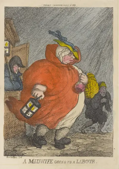 A midwife going to a labour, Thomas Rowlandson