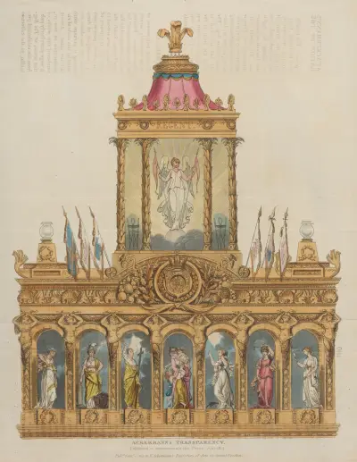 Ackermann’s transparency. Exhibited to Commemorate the Peace, June 1814., Thomas Rowlandson