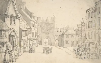 Stadsvy med medeltida port (möjligen York) av Thomas Rowlandson