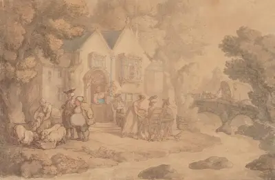 Country inn near river bridge, Thomas Rowlandson
