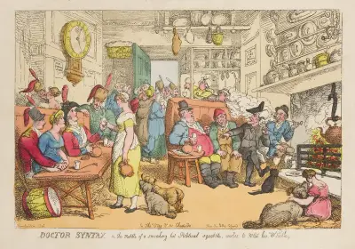 Doctor Syntax, in the middle of a smoaking hot political squabble, wishes to whet his whistle av Thomas Rowlandson
