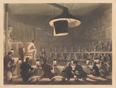 Teckning efter levande modell på Royal Academy (Somerset House) av Thomas Rowlandson