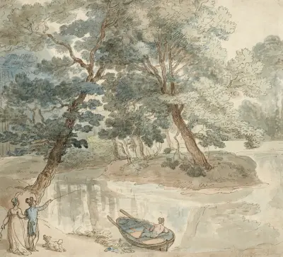 Eleganta figurer med hund vid en sjö av Thomas Rowlandson