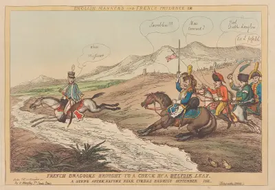 English Manners and French prudence or French dragoons brought to a check by a Belvoir leap. A scene after nature near Ciudad Rodrigo September 1811 av Thomas Rowlandson